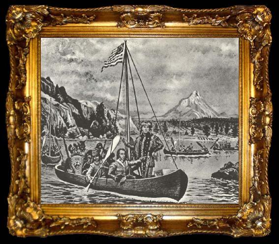 framed  unknow artist Lewis and Clark in an cannon pa Columbia river anti closed of their fard vasterut tvars over America 1895, ta009-2